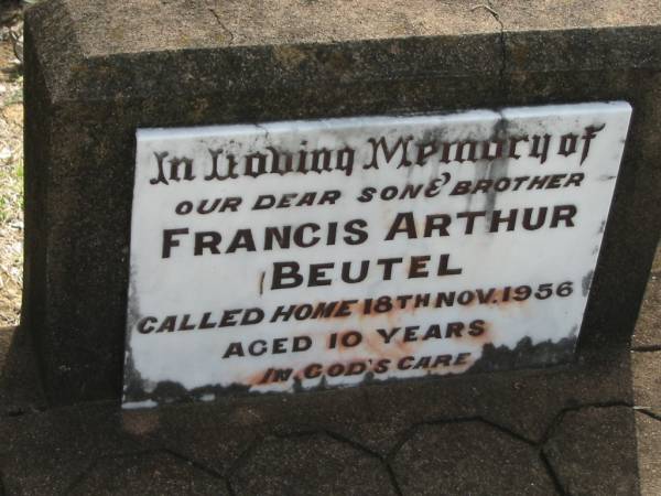 Francis Arthur BEUTEL  | 18 Nov 1956 aged 10  | Tarampa Baptist Cemetery, Esk Shire  | 
