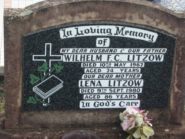 Wilhelm F C LITZOW  | 10 May 1967 aged 74  | Lena LITZOW  | 9 Sep 1980 aged 86  | Tarampa Baptist Cemetery, Esk Shire  | 