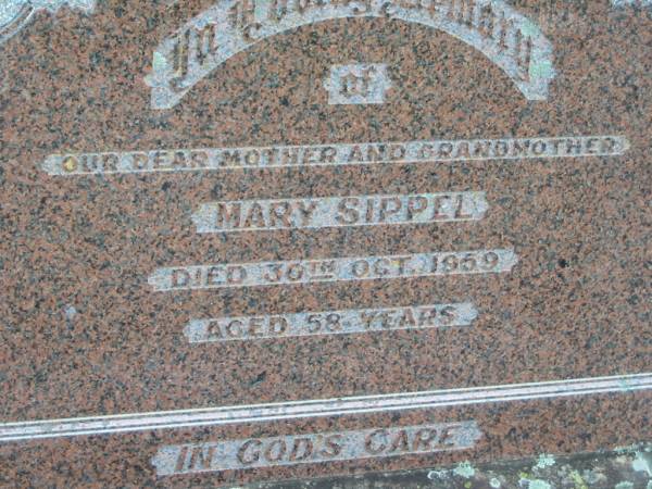 Mary SIPPEL  | 30 Oct 1959 aged 58  | Tarampa Baptist Cemetery, Esk Shire  | 