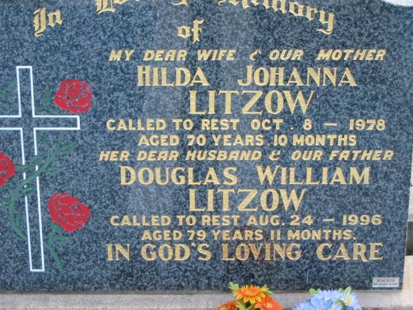 Hilda Johanna LITZOW  | 8 Oct 1978 aged 70 years 10 months  | Douglas William LITZOW  | 24 Aug 1996 aged 79 years 11 months  | Tarampa Baptist Cemetery, Esk Shire  | 