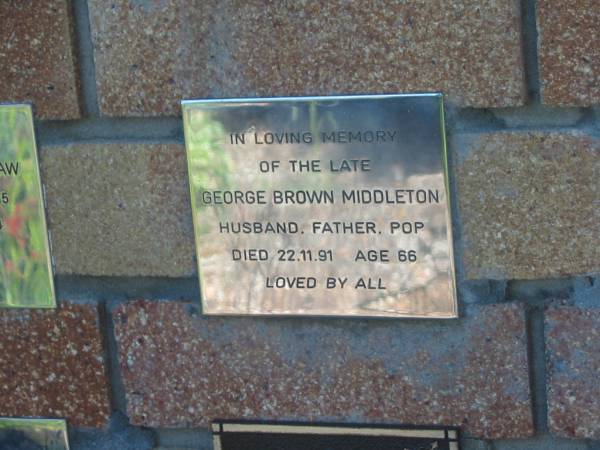 George Brown MIDDLETON,  | husband father pop,  | died 22-11-91 aged 66 years;  | Tea Gardens cemetery, Great Lakes, New South Wales  | 