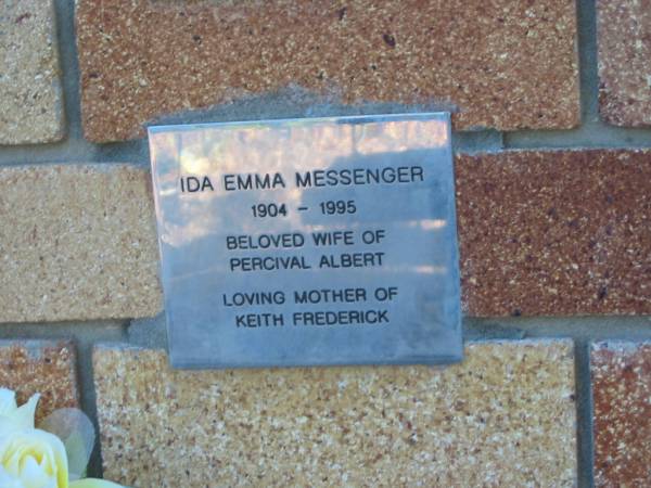 Ida Emma MESSENGER,  | 1904 - 1995,  | wife of Percival Albert,  | mother of Keith Frederick;  | Tea Gardens cemetery, Great Lakes, New South Wales  | 