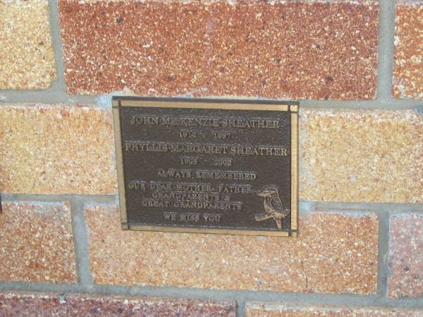 John MacKenzie SHEATHER,  | father,  | 1912 - 1997;  | Phyllis Margaret SHEATHER,  | mother,  | 1908 - 2002;  | grandparents great-grandparents;  | Tea Gardens cemetery, Great Lakes, New South Wales  | 