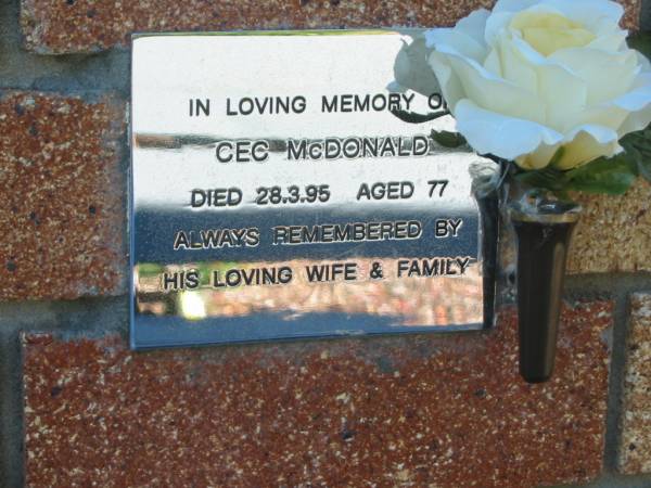Cec MCDONALD,  | died 28-3-95 aged 77 years,  | remembered by wife & family;  | Tea Gardens cemetery, Great Lakes, New South Wales  | 