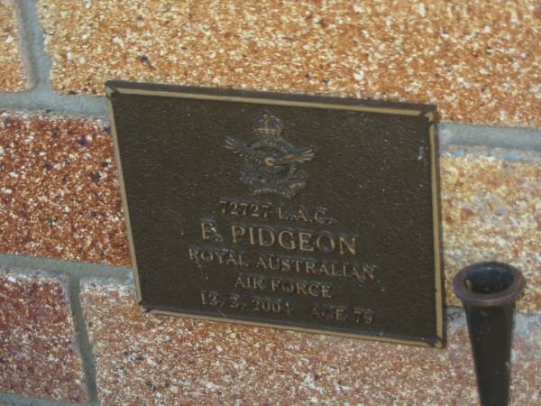 F. PIDGEON,  | died 13-3-2004 aged 79 years;  | Tea Gardens cemetery, Great Lakes, New South Wales  | 