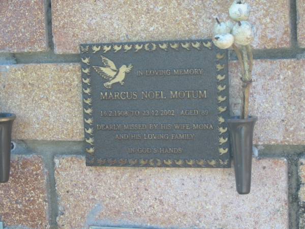 Marcus Noel MOTUM,  | 16-2-1908 - 23-12-2002 aged 89 years,  | wife Mona;  | Tea Gardens cemetery, Great Lakes, New South Wales  | 