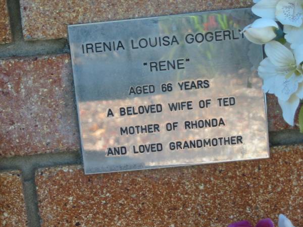Irenia Louisa (Rene) GOGERLY,  | aged 66 years,  | wife of Ted,  | mother of Rhonda,  | grandmother;  | Tea Gardens cemetery, Great Lakes, New South Wales  | 