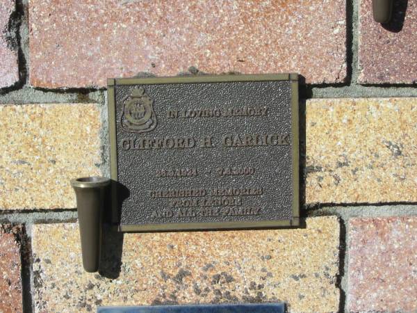 Clifford H. GARLICK,  | 26-9-1924 - 7-6-2000,  | remembered by Lenore & family;  | Tea Gardens cemetery, Great Lakes, New South Wales  | 