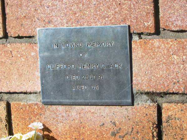 Clifford Henry CLACK,  | died 25-10-91 aged 75 years;  | Tea Gardens cemetery, Great Lakes, New South Wales  | 
