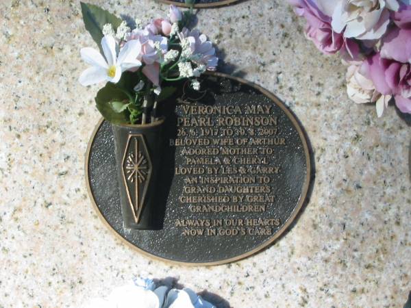 Veronica May Pearl ROBINSON,  | 26-6-1917 - 10-8-2007,  | wife of Arthur,  | mother of Pamela & Cheryl,  | loved by Les & Garry,  | loved by grand-daughters & great-grandchildren;  | Tea Gardens cemetery, Great Lakes, New South Wales  | 