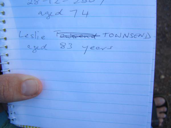 Leslie TOWNSEND,  | aged 83 years;  | Tea Gardens cemetery, Great Lakes, New South Wales  | 