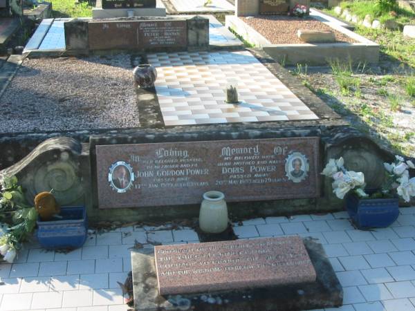 John Gordon POWER,  | husband father pa,  | died 17 Jan 1999 aged 83 years;  | Doris POWER,  | wife mother nanny,  | died 20 May 1993 aged 79 years;  | Tea Gardens cemetery, Great Lakes, New South Wales  | 