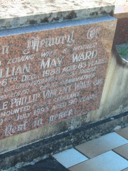 Lillian May WARD,  | wife mother,  | died 26 Dec 1988 aged 83 years;  | Neville Phillip Vincent WARD,  | husband father grandfather great-grandfather,  | siws 11 July 1995 aged 96 years;  | Tea Gardens cemetery, Great Lakes, New South Wales  | 