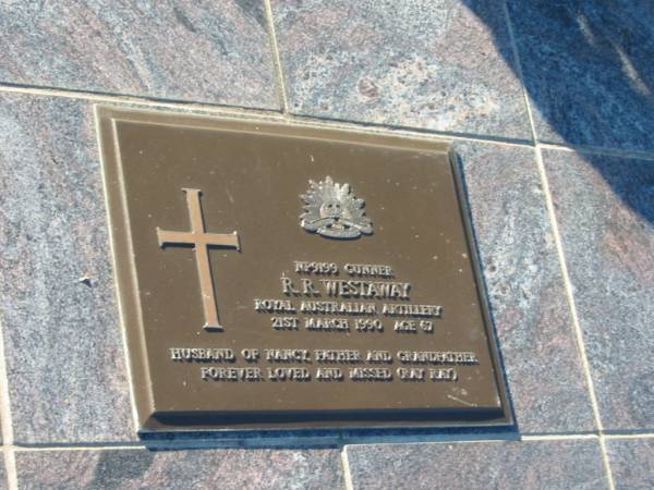 Raymond Robert WESTAWAY,  | 5-8-1922 - 21-3-1990 aged 68 years,  | husband father grandfather;  | Nancy Amelia WESTAWAY,  | 21-7-1924 - 10-6-2004 aged 79 years,  | wife mother nanny great-grandmother;  | Samantha Thompson MCGRATH,  | died 30-8-2002;  | R.R. WESTAWAY,  | died 21 March 1990 aged 67 years,  | husband of Nancy,  | father grandfather;  | Tea Gardens cemetery, Great Lakes, New South Wales  | 