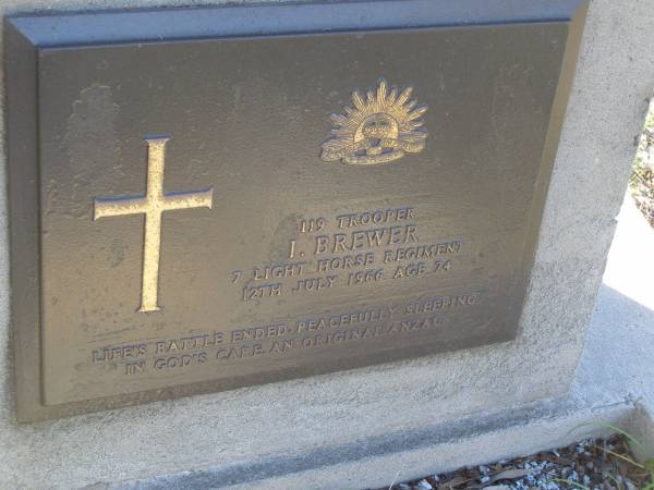 I. BREWER,  | died 12 July 1966 aged 74 years;  | Vera V. BREWER,  | wife,  | died 13 April 1981 aged 83 years;  | Tea Gardens cemetery, Great Lakes, New South Wales  | 