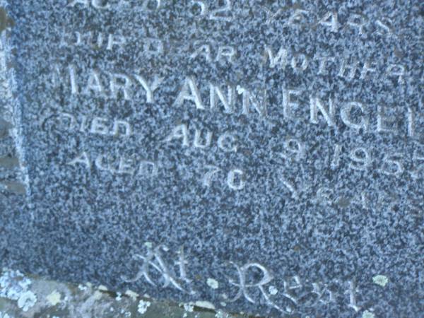Henry M. ENGEL,  | husband father,  | died 14 May 1938 aged 52 years;  | Mary Ann ENGEL,  | mother,  | died 9 Aug 1957 aged 70 years;  | Tea Gardens cemetery, Great Lakes, New South Wales  | 