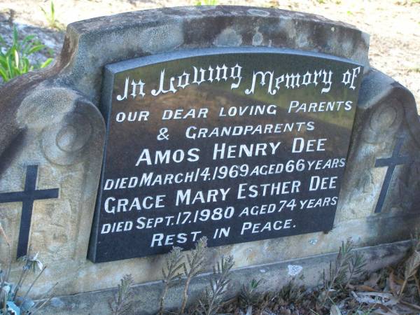 Amos Henry DEE,  | died 14 March 1969 aged 66 years;  | Grace Mary Esther DEE,  | died 17 Sept 1980 aged 74 years;  | parents grandparents;  | Tea Gardens cemetery, Great Lakes, New South Wales  | 