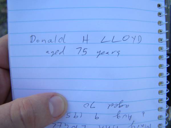 Donald H. LLOYD,  | aged 75 years;  | Tea Gardens cemetery, Great Lakes, New South Wales  | 