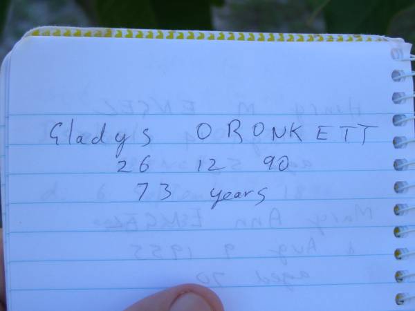 Gladys ORONKETT,  | died 26-12-90 aged 73 years;  | Tea Gardens cemetery, Great Lakes, New South Wales  | 
