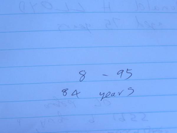 ????,  | died Aug 95 aged 84 years;  | Tea Gardens cemetery, Great Lakes, New South Wales  | 