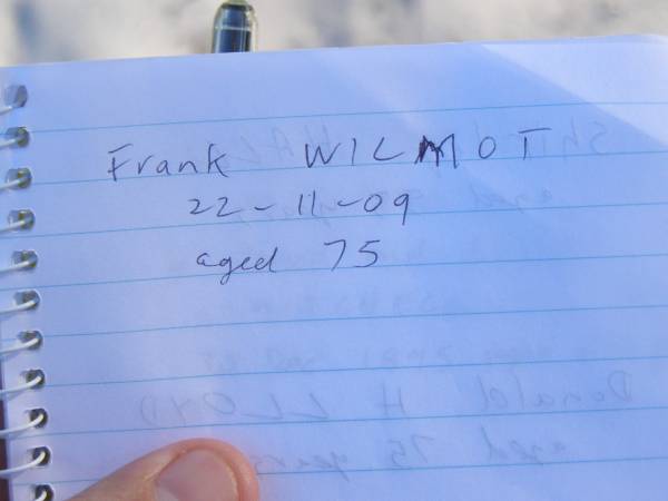 Frank WILMOT,  | died 22-11-09 aged 75 years;  | Tea Gardens cemetery, Great Lakes, New South Wales  | 