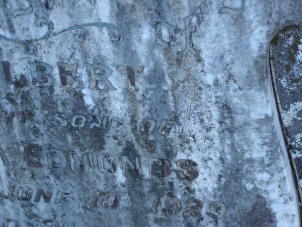 Gilbert,  | infant son of V. & A. EDMONDS,  | died 10 June 1929 aged 2 1/2 years;  | Tea Gardens cemetery, Great Lakes, New South Wales  | 