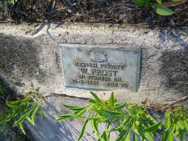 W. FROST,  | died 16-2-1951 aged 50 years;  | Tea Gardens cemetery, Great Lakes, New South Wales  | 