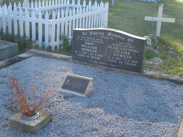 John William NEWLIN,  | husband father pop great-grandfather,  | 12-4-1922 - 22-3-2005 aged 82 years;  | Ella Lucinda Claire NEWLIN,  | wife mother nana,  | 14-2-1927 - 9-6-1996 aged 69 years;  | Tea Gardens cemetery, Great Lakes, New South Wales  | 