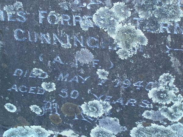 James Forrest Turnbull CUNNINGHAM,  | died 1 May 1940 aged 50 years;  | Tea Gardens cemetery, Great Lakes, New South Wales  | 