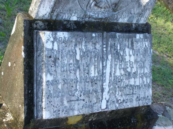 Thomas David PRIESTLY,  | husband,  | died 20 Sept 1923 aged 37 years;  | Ella Louise PRIESTLY,  | mother,  | died 9 Feb 1966 aged 73 years;  | Tea Gardens cemetery, Great Lakes, New South Wales  | 