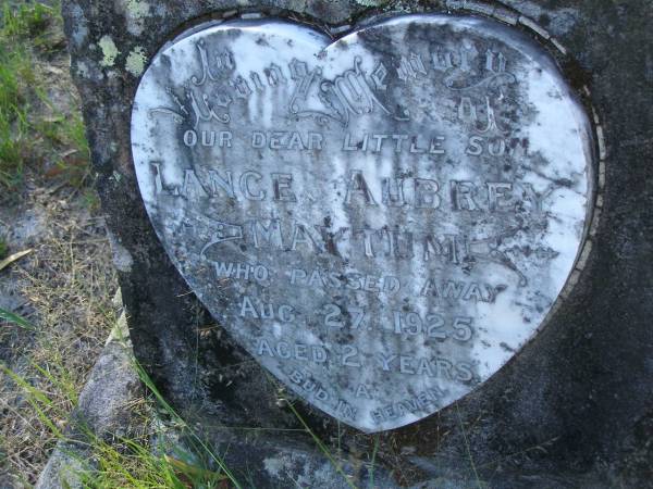 Lance Aubrey MAYTUM,  | son,  | died 27 Aug 1925 aged 2 years;  | Tea Gardens cemetery, Great Lakes, New South Wales  | 