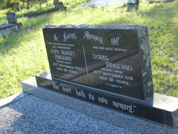 John Albert RINGLAND,  | husband father grandfather,  | died 26 Sept 1985 aged 78 years;  | Doris RINGLAND,  | mother,  | died 10 Sept 1991 aged 81 years;  | Tea Gardens cemetery, Great Lakes, New South Wales  | 