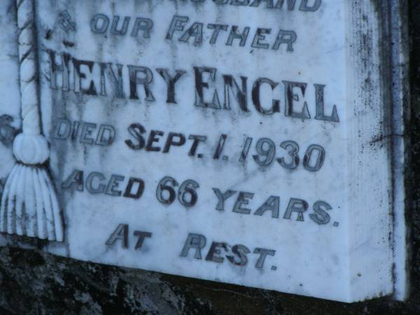 Mary May ENGEL,  | mother,  | died 26 Oct 1956 aged 89 years;  | Henry ENGEL,  | husband father,  | died 1 Sept 1930 aged 66 years;  | Tea Gardens cemetery, Great Lakes, New South Wales  | 
