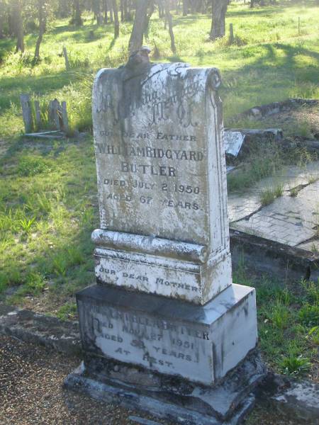 William Ridgyard BUTLER,  | father,  | died 2 July 1950 aged 67 years;  | Emily Estella BUTLER,,  | died 27 Nov 1951 aged 58 years;  | Tea Gardens cemetery, Great Lakes, New South Wales  | 