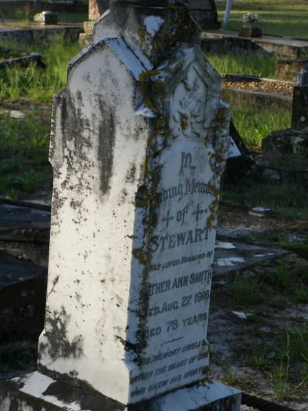 Stewart,  | husband of Esther Ann SMITH,  | died 27 Aug 1916 aged 78 years;  | Tea Gardens cemetery, Great Lakes, New South Wales  | 