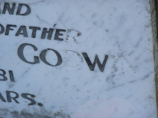 Patrick James GODWIN,  | husband father grandfather,  | 1908 - 1981 aged 73 years;  | Tea Gardens cemetery, Great Lakes, New South Wales  | 