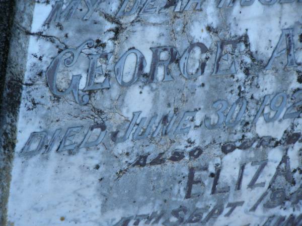 George A. RADCLIFFE,  | husband father,  | died 30 June 1927 aged 70 years;  | Eliza Jane,  | mother,  | died 4 Sept 1947 aged 89 years;  | Tea Gardens cemetery, Great Lakes, New South Wales  | 