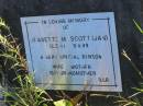 Jeanette M. (Jan) SCOTT,
10-3-41 - 3-8-99,
wife mother gt-grandmother;
Tea Gardens cemetery, Great Lakes, New South Wales