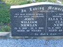John William NEWLIN,
husband father pop great-grandfather,
12-4-1922 - 22-3-2005 aged 82 years;
Ella Lucinda Claire NEWLIN,
wife mother nana,
14-2-1927 - 9-6-1996 aged 69 years;
Tea Gardens cemetery, Great Lakes, New South Wales