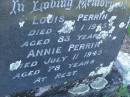Louis PERRIN,
died 1 Jan 1945 aged 83 years;
Annie PERRIN,
died 11 July 1945 aged 78 years;
Tea Gardens cemetery, Great Lakes, New South Wales