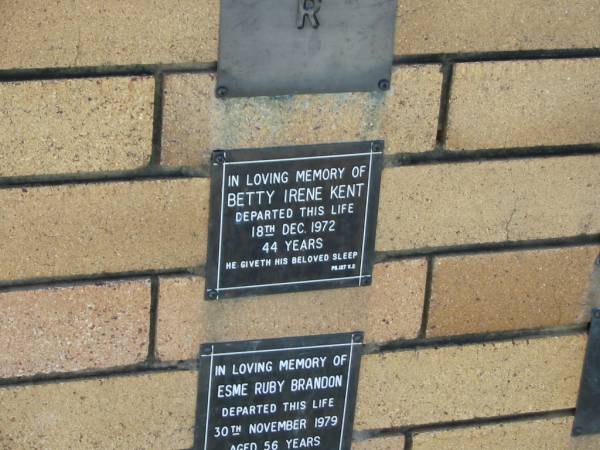 Betty Irene KENT  | 18 Dec 1972  | aged 44  |   | The Gap Uniting Church, Brisbane  | 