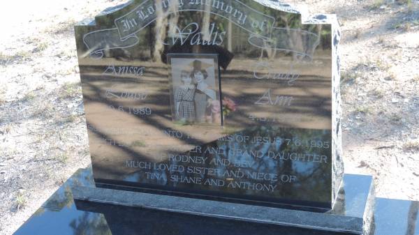 Anissa Louise WALLIS  | b: 29 Jun 1989  | d: 7 Jun 1995  |   | Trudy Ann WALLIS  | b: 4 Jun 1970  | d: 7 Jun 1995  |   | daughter and grand daughter of Rodney and Bev  | sister and niece of Tina, Shane, Anthony  |   | The Gums Cemetery  | 