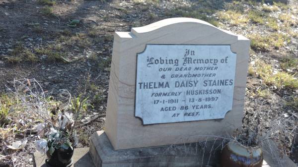 Thelma Daisy STAINES (formerly HUSKISSON)  | b: 17 Jan 1911  | d: 13 Aug 1997 aged 86  |   | The Gums Cemetery  | 