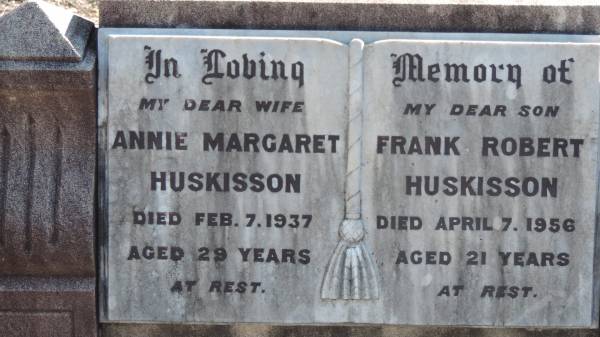 Annie Margaret HUSKISSON  | d: 7 Feb 1937 aged 29  |   | Frank Robert HUSKISSON  | d: 7 Apr 1956 aged 21  |   | The Gums Cemetery  | 
