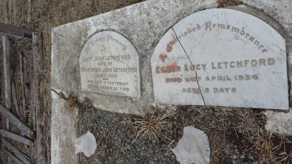 Lucy Jean LETCHFORD  | (wife of Christopher John LETCHFORD)  | b: 1896  | d: 1959  |   | Eileen Lucy LETCHFORD  | d: 24 Apr 1934, aged 5 days  |   | Theodore Pioneer / Old Theodore Cemetery  | 