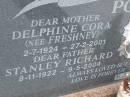 
Delphine Cora POWER (nee FRESHNEY),
mother,
2-7-1924 - 27-2-2001;
Stanley Richard POWER,
father,
8-11-1922 - 9-5-2004;
Tyrone Cedric POWER,
son,
10-6-1961 - 25-9-2005;
Kerry Gerwyn POWER;
Tiaro cemetery, Fraser Coast Region

