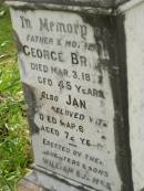 
George BRIMS,
father,
died 3 Mar 1877 aged 45 years;
Jane,
wife mother,
died 6 Mar 1912 aged 72 years;
erected by daughters & sons William & James;
Tiaro cemetery, Fraser Coast Region
