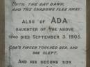 
Jonathan JOB,
born Tavistock Devonshire 30 March 1842,
died Tiaro 6 Nov 1898;
Ada,
daughter,
died 3 Sept 1905;
Percival Malcolm,
second son,
died Ingham North Qld 19 June 1915;
Emily Mary,
wife of Jonathan JOB,
died 23 July 1929 aged 78 years;
Tiaro cemetery, Fraser Coast Region

