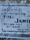 
Theo JAMIESON,
husband,
died 28 Jan 1958 aged 67 years;
Maryann JAMIESON,
wife
died 29 Sept 1974 aged 80 years;
Tiaro cemetery, Fraser Coast Region
