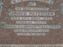
James PATERSON,
husband,
died 25 April 1938 aged 83 years;
Annie Cunningham PATERSON,
died 1 April 1938 aged 74 years;
Tiaro cemetery, Fraser Coast Region
